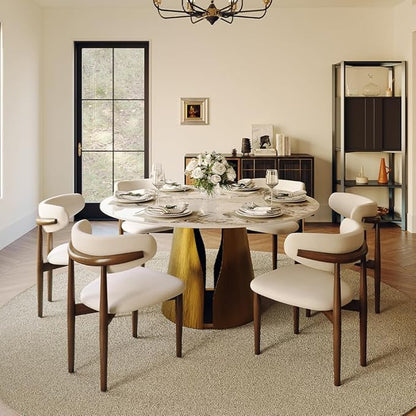 POVISON Round Dining Table for 6, 59" Modern Dining Room Table, Pandora Sintered Stone Tabeltop with Bronze Carbon Steel Pedestal (Dining Table Only)