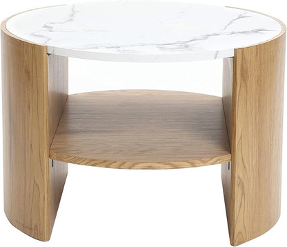 LuxenHome Modern Round Coffee Table with Faux Marble Top & Oak Finish Wood Base, 23.5” Small Center Table with Open Storage Shelf, Wooden Accent Table for Living Room, Apartment, or Office