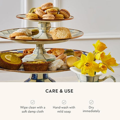 MACKENZIE-CHILDS Enamel Pedestal Platter, Round Cake Stand, Small, Gray-and-White Sterling Check