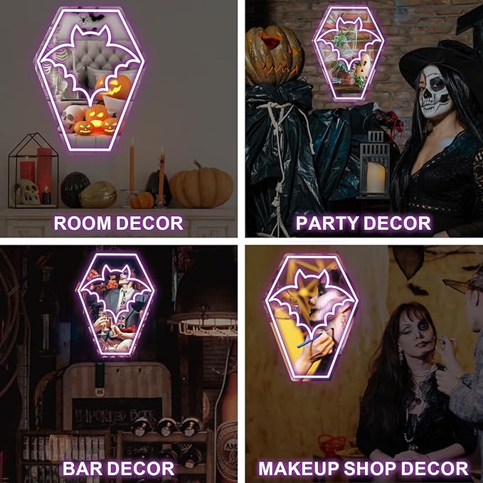 Coffin Bat Neon Mirror Sign,Gothic Room Decor,USB Powered,Halloween Bat Coffin Decor,LED Light Gothic Room, Teen Girls Preppy
