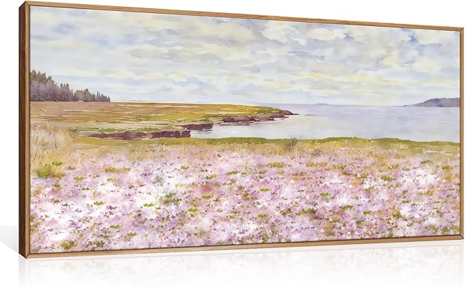HOURIA Pink Wildflower Coastal Landscape Framed Canvas Wall Art Set,Green Meadow Field Wall Decor,Watercolor Beach Wall Painting,Modern Seaside Wall Decor for Living Room, Bedroom, Farmhouse-20"x40"x1