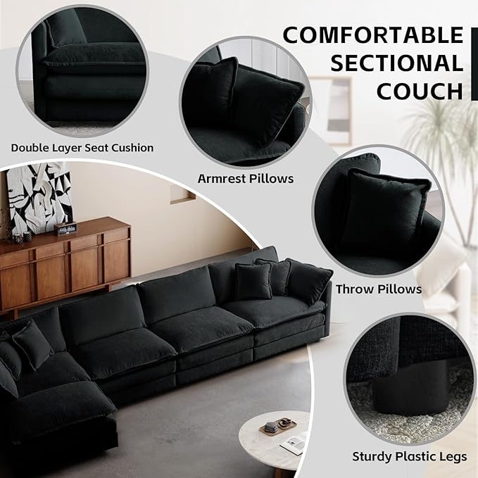 SoarFlash Chenille Sectional Sofa, Comfy L Shaped Modular Coush Sofa with Ottoman, Modern 4 Seat Couch Deep Seat Sofa Set for Living Room,Black