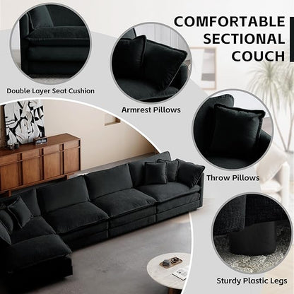 SoarFlash Chenille Sectional Sofa, Comfy L Shaped Modular Coush Sofa with Ottoman, Modern 4 Seat Couch Deep Seat Sofa Set for Living Room,Black
