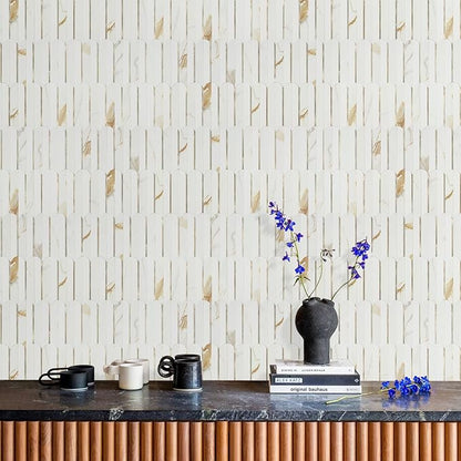 Vamos Tile Peel and Stick Backsplash Seamless Tile,1-Sheet Stick on Backsplash for Kitchen & Bathroom, Calacatta Gold+Matt Pure White Marble Look PVC+ Light Gold Self Adhesive Backsplash Tile（Sample）
