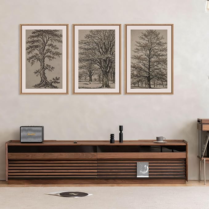HOURIA Vintage Tree Sketch Framed Canvas Wall Art Set,Natural Brown and Gray Woodland Wall Decor,Mid Century Nature Forest Artwork,Textured Botanical Art Print for Living Room,Bedroom,Office-16"x24"x3