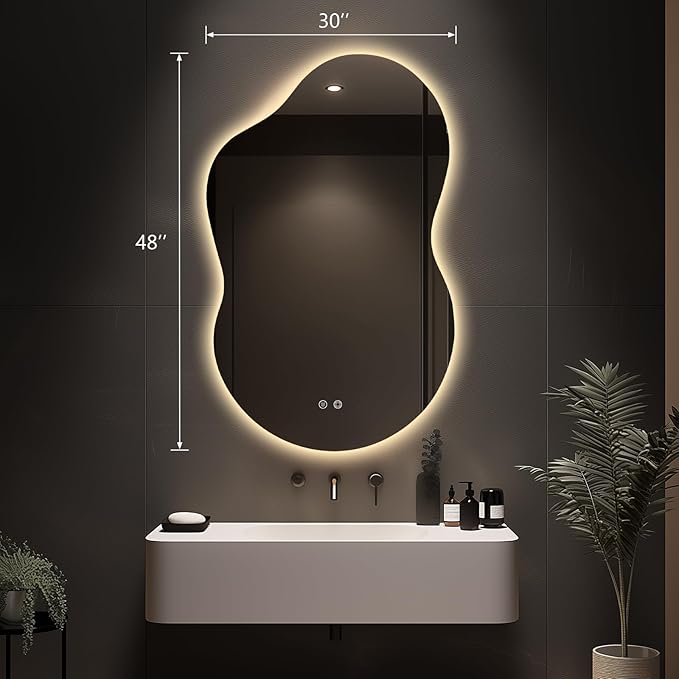 48"x30" Irregular LED Lighted Vanity Mirror for Bathroom, Front and Backlit, Anti-Fog, 3-Color Dimmable Lighting, Wall Mount [Horizontal/Vertical]