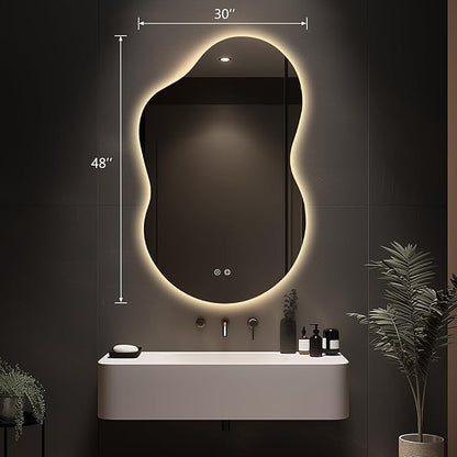 48"x30" Irregular LED Lighted Vanity Mirror for Bathroom, Front and Backlit, Anti-Fog, 3-Color Dimmable Lighting, Wall Mount [Horizontal/Vertical]