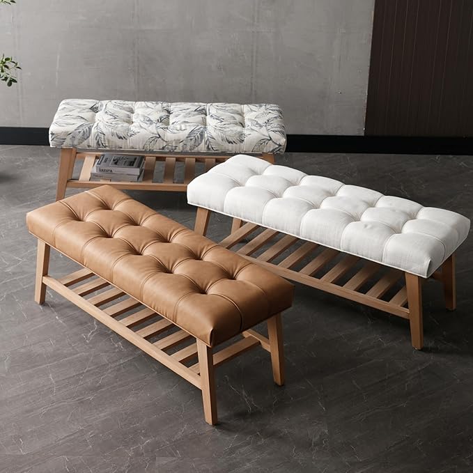 Wooden End of Bed Bench with Shoe Shelf 2 Tier Farmhouse Button Tufted Linen Fabric Upholstered Entryway Bench for Living Room/Bedroom/Hallway/Window Corner, Blue