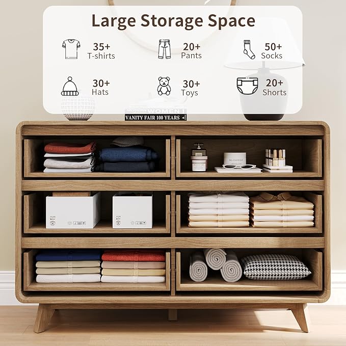 Fluted Dresser for Bedroom, Wide 6 Drawers Dresser, Chests of Drawers with Grille & Curved Design, Dressers Slides Pre-Installed, Large Wood Drawer Organizer for Bedroom Hallway, Natural Oak