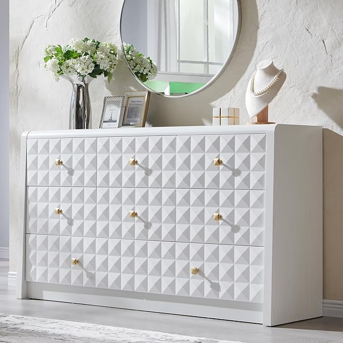 Modern 8 Drawer Dresser for Bedroom, Wooden Large Dressers &Chests of Drawers w/Two Different Drawer Sizes, Mid Century Modern Dresser w/Diamond Panel Decorate for Bedroom, Curved Profile Design,White