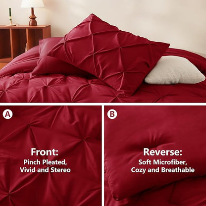 CozyLux Queen Comforter Set Dark Red, 7 Pieces Pintuck Bed in A Bag, Premium Red Comforter Queen Size, Pinch Pleat Bedding Sets with Comforter, Sheets, Pillowcases & Shams
