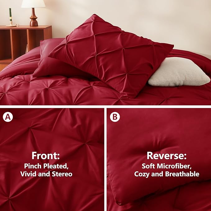CozyLux King Size Comforter Set Dark Red, 7 Pieces Pintuck Bed in A Bag Red Comforter King Size, Pinch Pleat Bedding Set with All Season Comforter, Sheets, Pillowcases & Shams