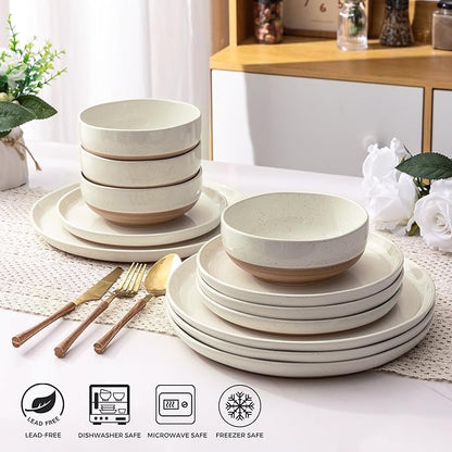 AmorArc 16 Pieces Ceramic Dinnerware Sets for 4, Handpainted Plates and Bowls Set with Rustic Terracotta Underside, Scratch Resistant Stoneware Dishes Set, Dishwasher & Microwave Safe, Light Beige