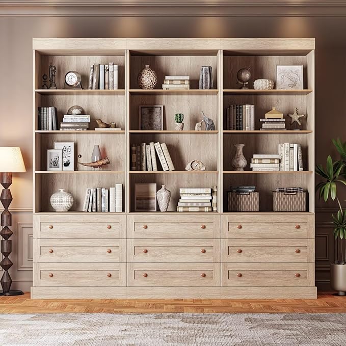 Vyre 71" Tall Farmhouse Bookshelves with Drawers, Set of 3 – Large Modular Bookcase with Adjustable Shelves, Storage Cabinet for Living Room, Kitchen, Home Office, Brown