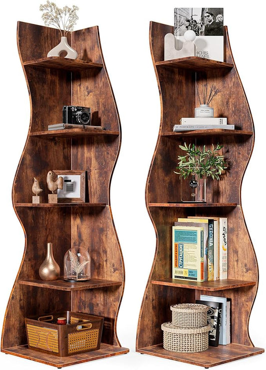 LITTLE TREE 70-Inch Corner Shelf, Seaweed Shaped Etagere Display Bookshelf, Freestanding 5-Tier Wall Shelves for Small Spaces, Living Room, Bedroom, Rustic, 2 Pack