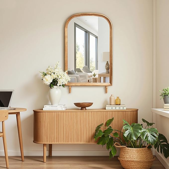 LuxenHome Arched Wall Mirror with Solid Wood Frame, 23.6''x39.5'' Large Farmhouse Wall Mounted Decorative Mirror with Legs, Rustic Arch Mirrors for Bathroom Vanity, Entryway, Living Room, Bedroom