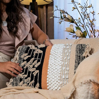 Decorative Boho-Chic Premium Pillow Cover 12x20 Handwoven Tufted Cotton Lumbar Accent Pillows, Neutral Earthly Color Throw Cushion, Farmhouse & Bohemian Home Decor (Limited Edition-Cover Only)