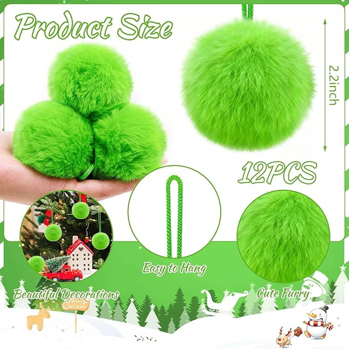 Lime Green Furry Christmas Ball Ornaments 12Pcs Fuzzy Lime Green Ornaments or Xmas Pom Pom Ball Hanging Decorations Furry Elf Balls for Xmas Tree Wreath Home Fireplace Mantel Wall Decors