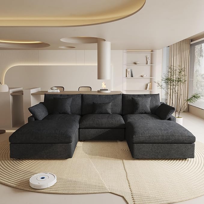 Cloud Couch Modular Sectional Sofa,119.29" U Shaped Couch, Oversized Down Filled Convertible Wide Seater,3 Seater with 2 Ottomans for Living Room Set, Covers Washable&,Black