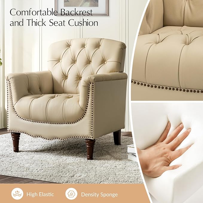 HULALA HOME Mid Century Modern Leather Club Chairs, Top-Grain Genuine Leather Armchairs with Button-Tufted Back & Solid Wood Legs, Accent Chairs for Living Room/Bedroom/Home Office, Beige