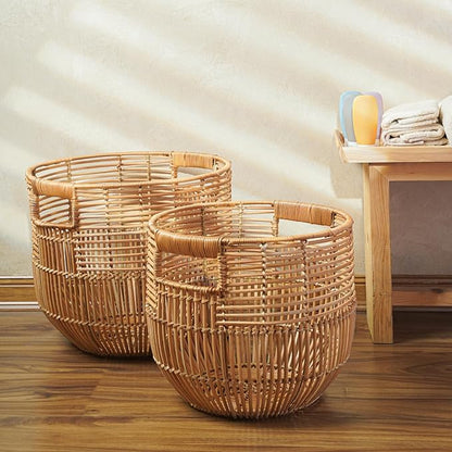 Set Of 2 Large Woven Blanket Baskets With Handles | Round Wicker Rattan Storage Floor Baskets for Shoe In Living Room | Extra Big Boho Rattan Laundry For Pillow, Blanket