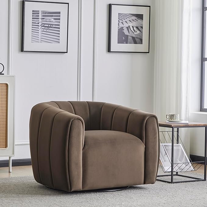 Christopher Knight Home Monroe Velvet Swivel Club Chair, Armchair with 360-Degree Rotation, Upholstered Barrel Swivel Sofa Chair for Living Room, Tufted Back, Thick Cushion, Iron Base, Dark Brown