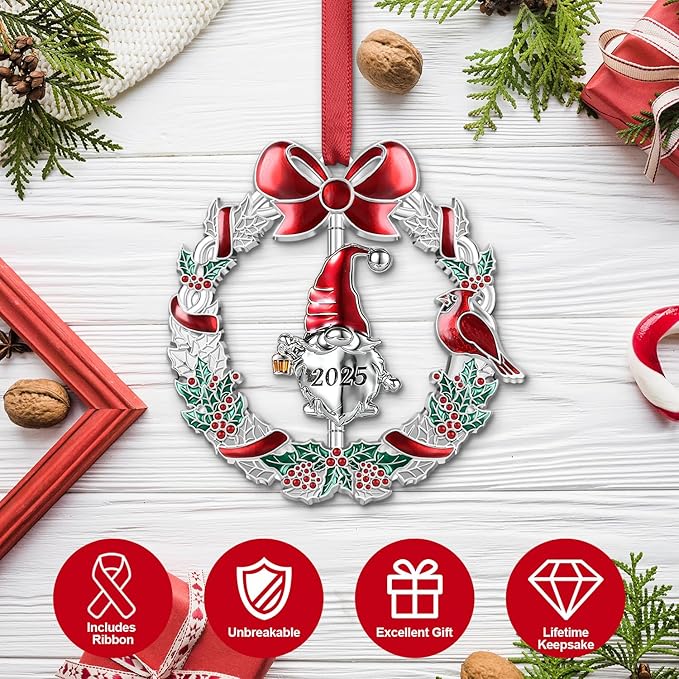 Christmas Ornament 2025 for Xmas Tree Decorations - 2025 Santa Gnome Christmas Wreath Ornament with Rotatable Gnome for Holiday Decoration Keepsake Gift
