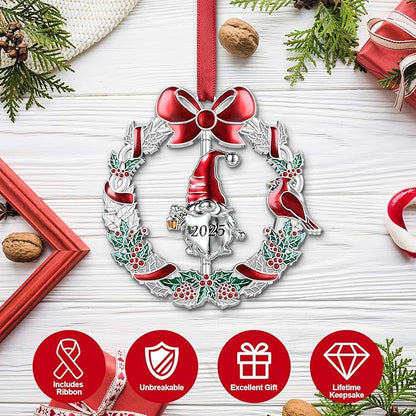 Christmas Ornament 2025 for Xmas Tree Decorations - 2025 Santa Gnome Christmas Wreath Ornament with Rotatable Gnome for Holiday Decoration Keepsake Gift