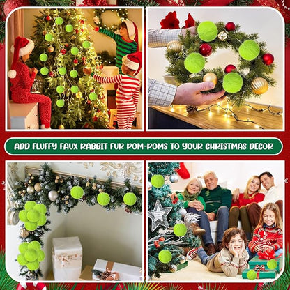 Nuenen 72 Pcs 3.15 Inch Lime Green Furry Christmas Ball Ornaments Christmas Pom Poms Ornaments Faux Rabbit Fur Balls Bulk with Elastic Band for Xmas Tree Decorations DIY Craft Hat Keychain (Green)