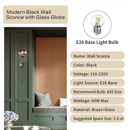 KCO Lighting Modern Smoke Grey Glass Globe Wall Sconce Black Matte Slim Wall Sconce Long Slim Wall Mount Light Vintage Industrial Wall Lamp for Hallway Stairs Bathroom