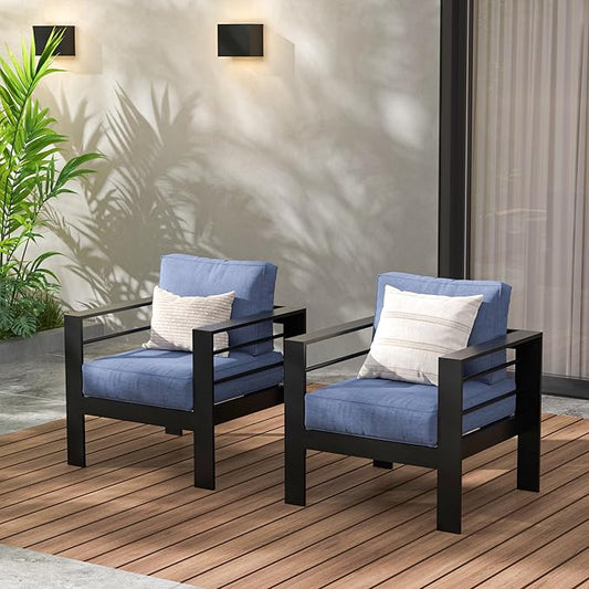 Wisteria Lane 2 Pieces Patio Furniture Aluminum Outdoor Chair , All-Weather Outdoor Chair, Black Metal Chair with Blue Cushions