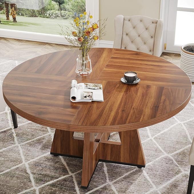 Tribesigns Farmhouse Dining Table 47 Inch Round Dinner Table for 4, Brown