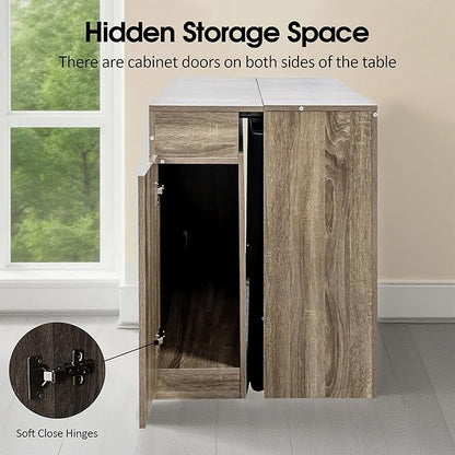 24''- 118'' Extendable Dining Room Table, Expandable Dining Table, Modern Large Table, for 2-12 Person(with Cabinet & Outlet), Barnwood Brown