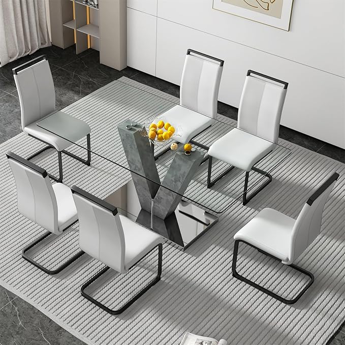 71" Glass Dining Table Set for 6, Kitchen Table and 6 PU Leather Chairs, Dining Table Set Ideal for Living Room