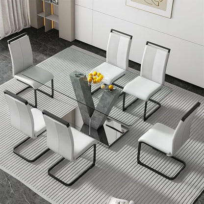 71" Glass Dining Table Set for 6, Kitchen Table and 6 PU Leather Chairs, Dining Table Set Ideal for Living Room