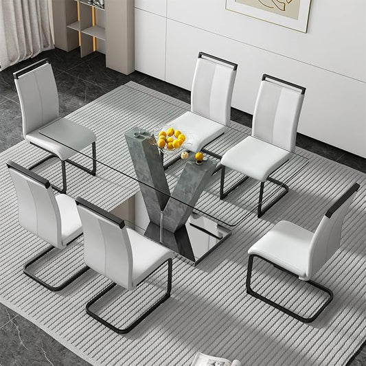 71" Glass Dining Table Set for 6, Kitchen Table and 6 PU Leather Chairs, Dining Table Set Ideal for Living Room