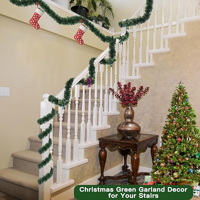 50 Foot Green Christmas Garland Christmas Decorations, Artificial Greenery Pine Garlands Xmas Decor Soft Tinsel Garland Non-Lit for Stairs Mantle Fireplace Home Indoor Outdoor Holiday Party Supplies