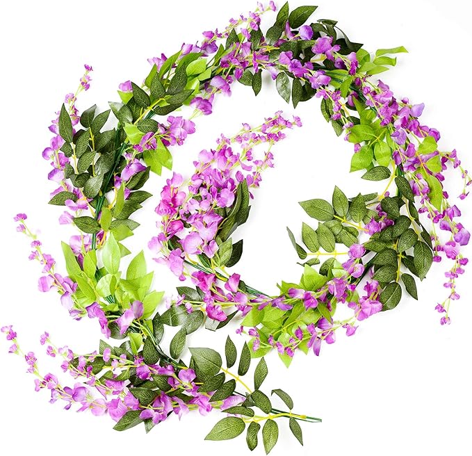 Lvydec Wisteria Artificial Flowers Garland, 4 Pcs Total 28.8ft Artificial Wisteria Vine Silk Hanging Flower for Home Garden Outdoor Ceremony Wedding Arch Floral Decor (Purplish Red)