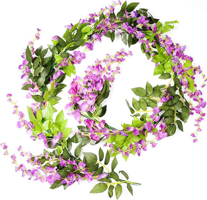Lvydec Wisteria Artificial Flowers Garland, 4 Pcs Total 28.8ft Artificial Wisteria Vine Silk Hanging Flower for Home Garden Outdoor Ceremony Wedding Arch Floral Decor (Purplish Red)