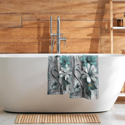 Rustic Farmhouse Hand Towels Teal Daisy Floral Butterfly Wooden Print Decorative Absorbent Kitchen Spa 28x14