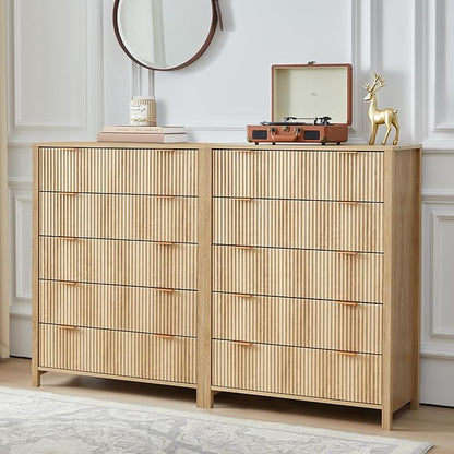 5 Drawer Double Dresser for Bedroom, Modern Wide Chest of Drawers with Fluted Panel Design,Wood Storage Dressers Chest of Drawers for Bedroom Living Room Hallway Closet,Natural,2 Sets