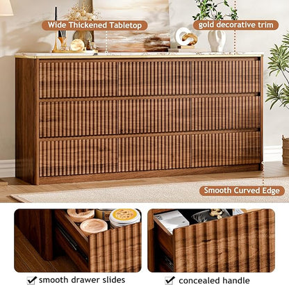 Fluted Dresser for Bedroom with 9 Drawers,62.99" Modern Chest of Drawers with Faux Marble Top, Curved Profile Design,Dresser TV Stand, Wood Drawer Organizer for Living Room, Hallway, Brown