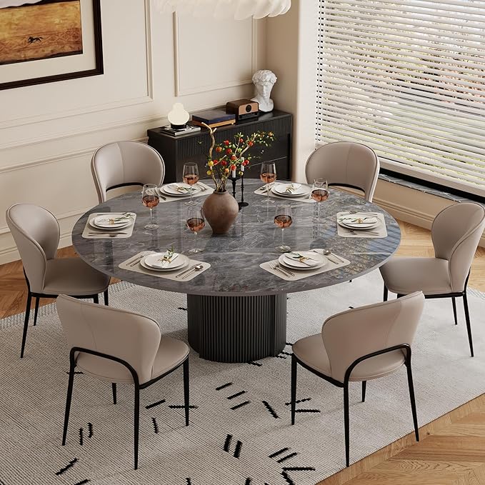 59" Modern Round Dining Table for 6, Gray Sintered Stone Dining Room Table with Black Fluted Metal Pedestal, Easy Assembled Circle Kitchen Table for Home, (Table Only)