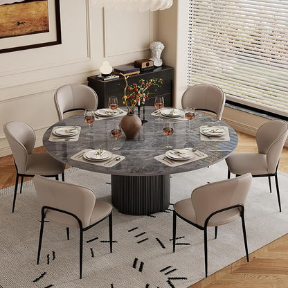 59" Modern Round Dining Table for 6, Gray Sintered Stone Dining Room Table with Black Fluted Metal Pedestal, Easy Assembled Circle Kitchen Table for Home, (Table Only)