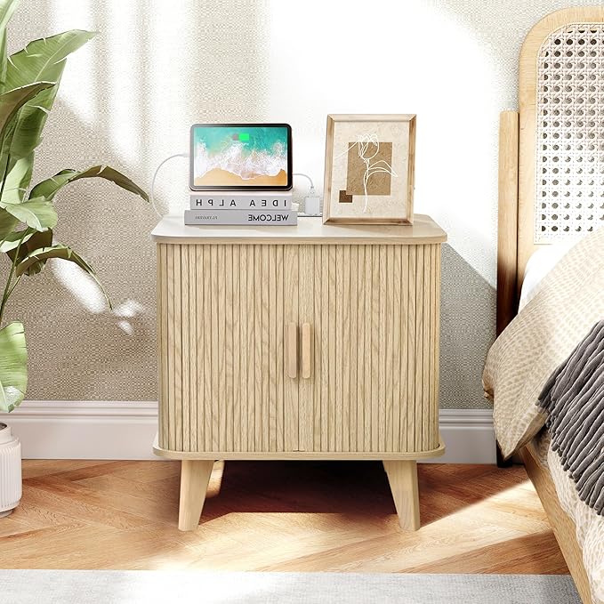 Nightstands Set of 2, 24 Inch Mid-Century Fluted EndTable with Charging Station, Farmhouse Wood Side Table with Storage & Sliding Door (2XSquare, Natural)