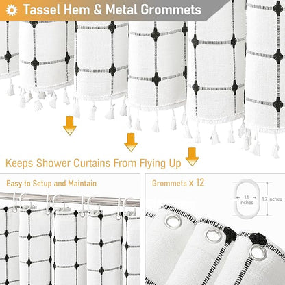 BTTN Extra Long Shower Curtain - 72x96 Inch Long Boho Chic Linen Fabric Heavy Duty Shower Curtain Set with Hooks, Bohemian Farmhouse Shabby Chic Tassel Shower Curtains for Bathroom - White and Black