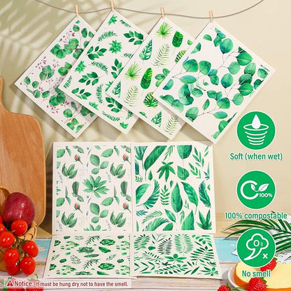Lucomb Swedish Dish Cloths 8 Pack Washable Reusable Cleaning Kitchen Sponge Dishcloths Fast Drying Plants Print