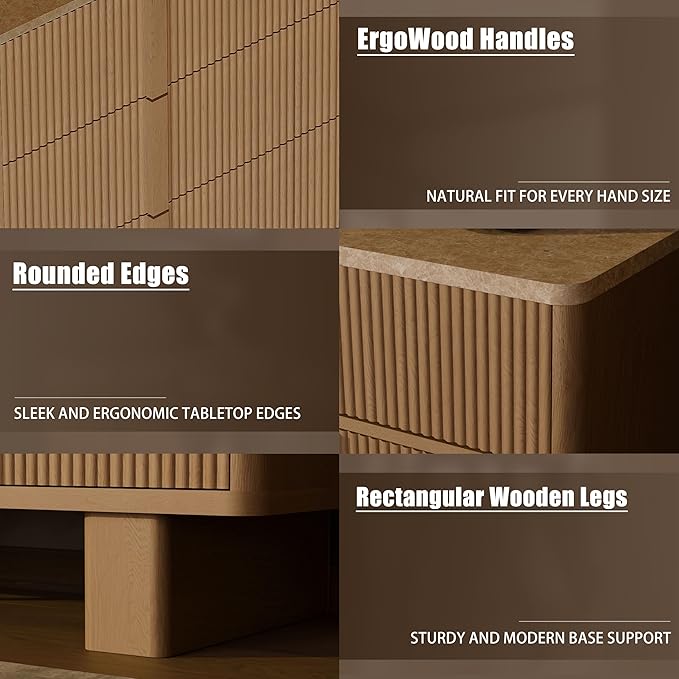 Fluted Dresser for Bedroom with 8 Drawers, 47" Wide Modern Chest of Drawers with Wooden Handle, Wooden Dresser TV Stand, Wood Closet Clothes Storage Organizer for Living Room, Hallway, Natural Oak