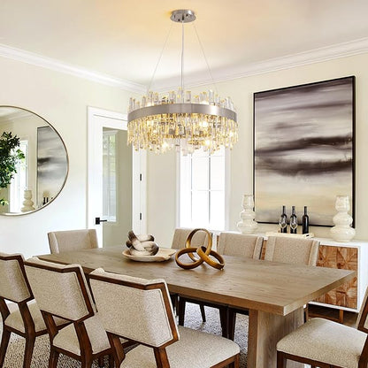 Siljoy 12-Light Modern Crystal Chandelier Round Brushed Nickel 2-Tier K9 Crystal Raindrop Chandelier Luxury Adjustable Hanging Ceiling Light Fixture for Living Dining Room Kitchen Island D23.6''