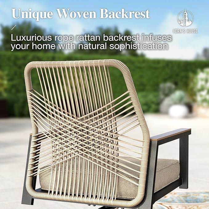 HERA'S HOUSE 7 Pieces Patio Table and Chairs Set, Outdoor Dining Set for 7, Patio Dining Set of 6 Cushioned Woven Rattan Patio Swivel Chairs and 1 Black Metal Table with Umbrella Hole for Lawn